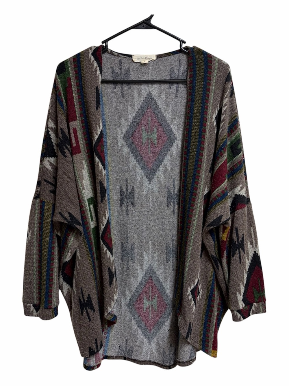 painted threads Taupe Aztec Open-Front Cardigan with Red, Green & Blue Accents